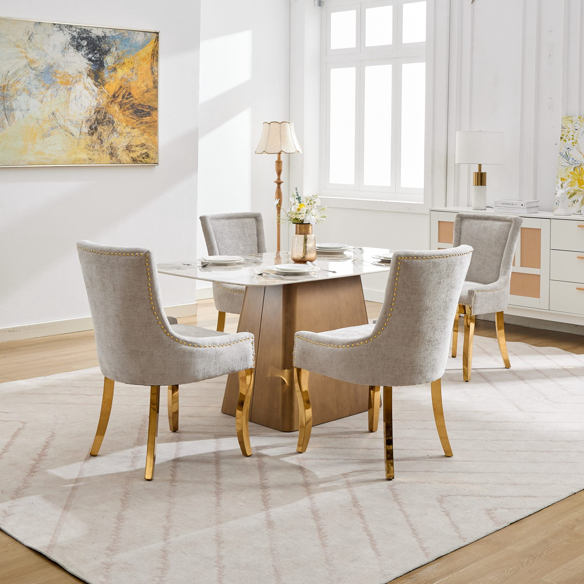 Gewnee Chenille Dining Chairs Set of 2,Modern Upholstered Chairs with Curved Gold-Plated Legs & Rivet Trim,Accent Chairs for Dining Room or Lounge.Beige