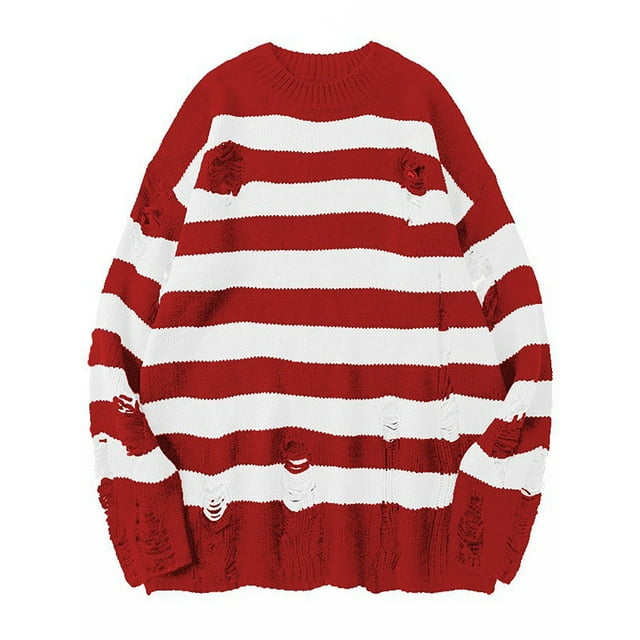 Avamo Mens Knitted Sweaters Long Sleeve Sweater Ripped Hole Jumper Tops Casual Pullover Work Red And White L