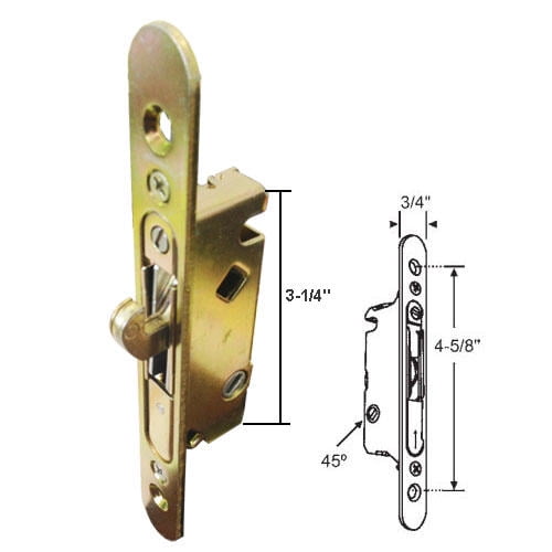 Sliding Glass Patio Door Lock, Mortise Type, 45 Degree Keyway, with Faceplate, 4-5/8" Screw Holes
