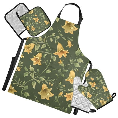 Campanula Flowers and Foliage 5 Pcs Kitchen Set Heat Resistant Oven Mitts and Non-Slip Pot Holders with Adjustable Cooking Apron