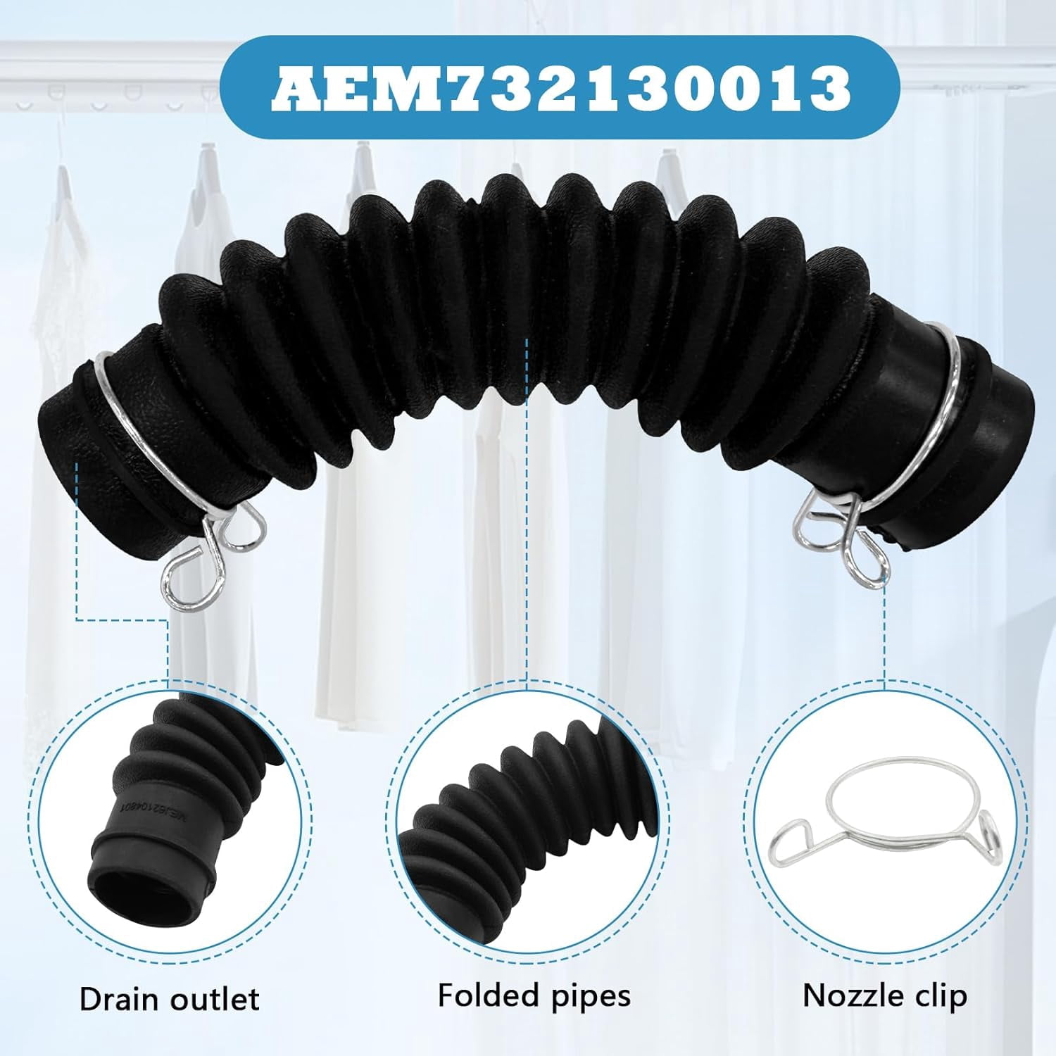 Superbobi AEM73213001 Washer Drain Hose Assembly Compatible with LG Washing Machines - Thicker Tub-to-Pump Connector with Stainless Steel Hose Clamps, Replaces 2134394