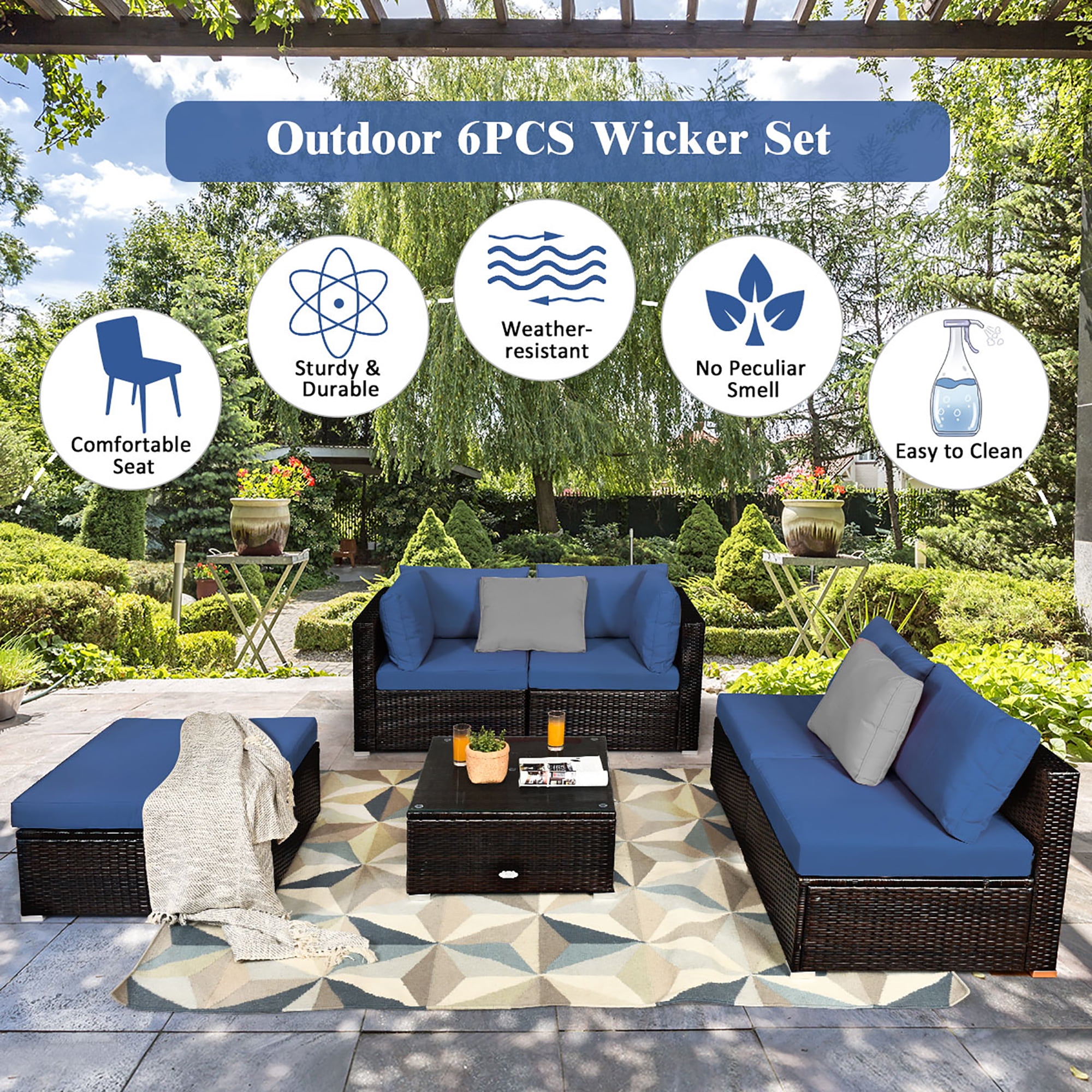Costway 6PCS Outdoor Patio Rattan Furniture Set Cushioned Sectional Sofa Navy