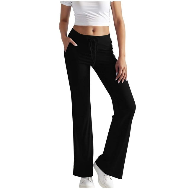 Ohufall Womens Trendy Pants Button Side Split Wide Leg Casual Trousers Elastic Waist Drawstring Breathable Pants