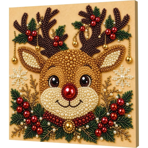 Christmas Diamond Painting, DIY Christmas Pearl Diamond Painting Art Kit with Frame for Adults Beginner, Xmas Pearl Beads Art Craft for Home Wall Decor (Deer 7.87in)