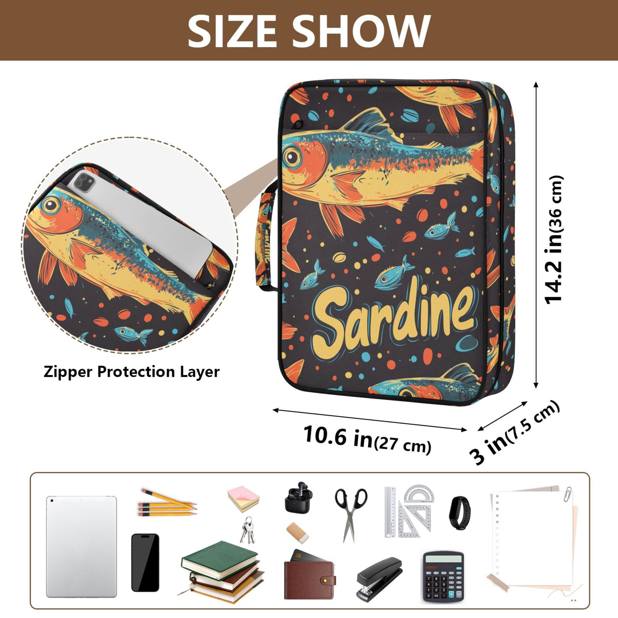 FORMRS Accordion File Folder A4 Size 7-Pocket Expanding Document Organizer Bag with 3 Ring Binder, Black Sardines Pattern