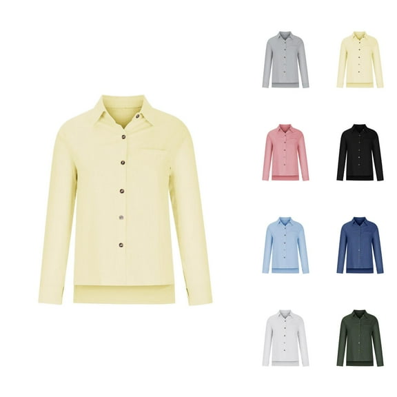 women blouses womens 3/4 sleeve tops and blouses square neck blouses women trendy Ladies Casual Spring Summer Cotton Linen Lapel Tie Pocket Long Sleeve Shirt