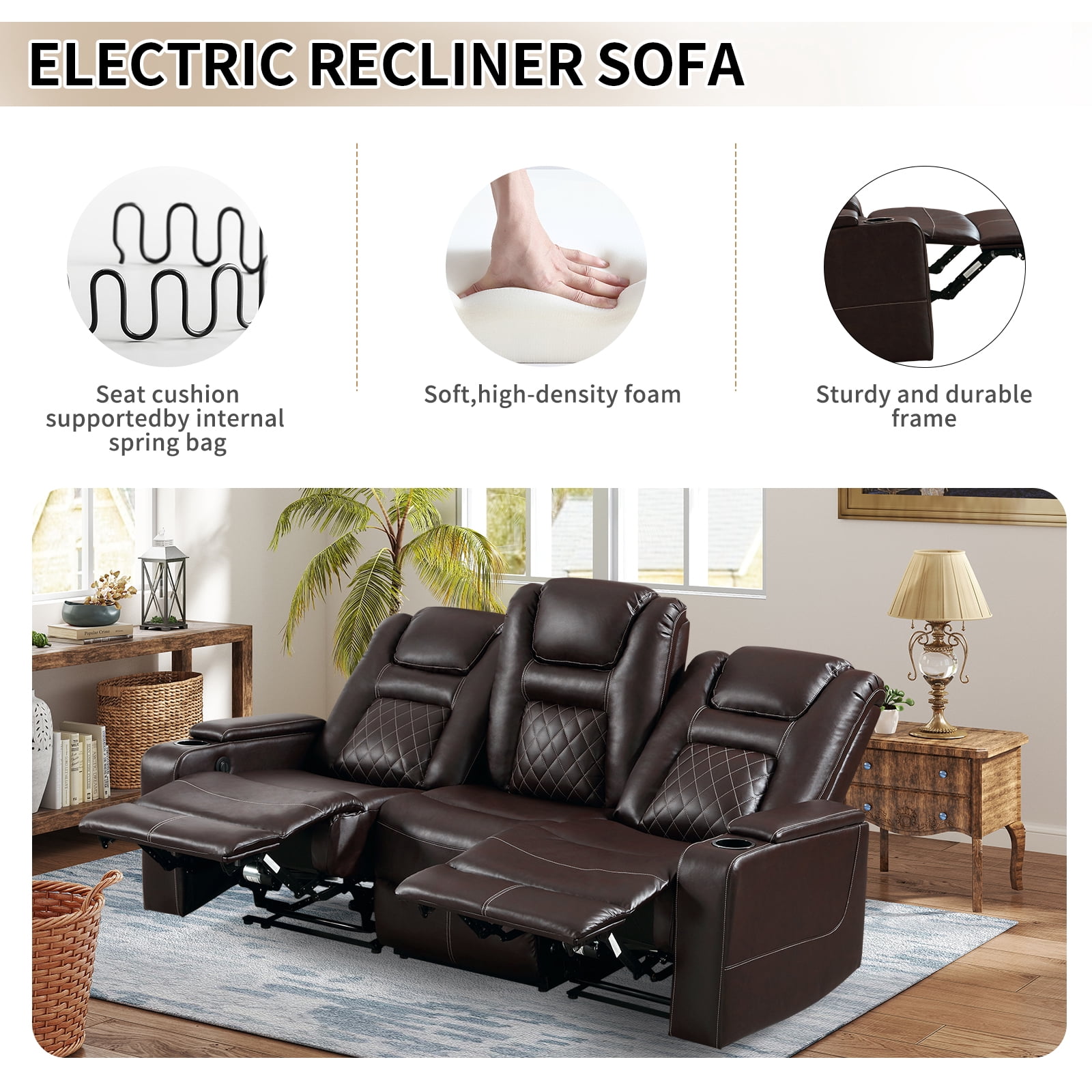 Bonzy Home Theater Recliner Chair Sofa, PU Leather 3 seat Power Recliner Sofa with Cup Holders, Hidden Arm Storage, USB Ports, Brown