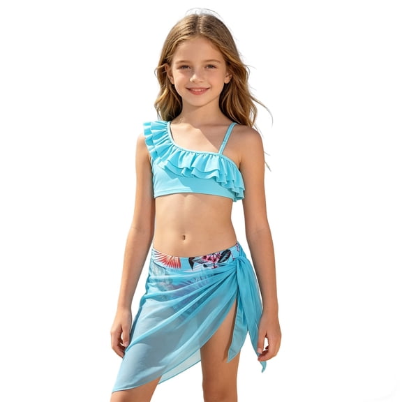Kiijoy Girls 3 Piece Swimsuit Ruffle Bikini Set Cover Up Skirt Bathing Suit, Sizes 5-12