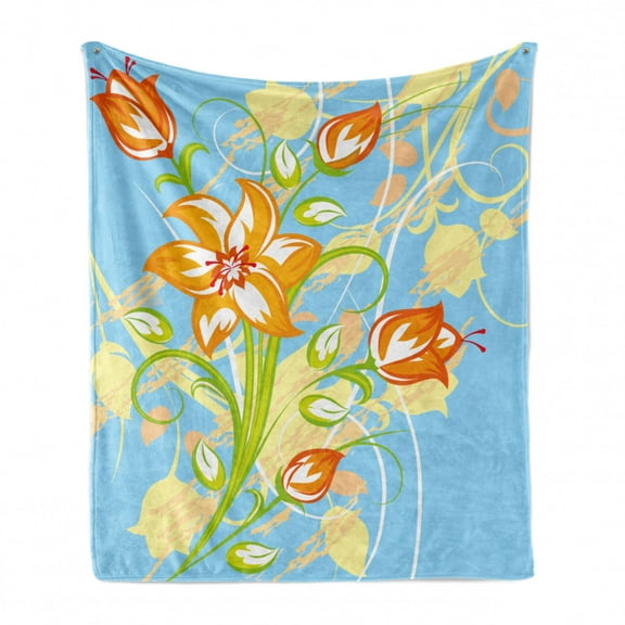 Floral Soft Flannel Fleece Throw Blanket, Orange Tiger Lily Retro Style Flowers in Pastel Tones, Cozy Plush for Indoor and Outdoor Use, 50" x 70", Sky Blue Multicolor, by Ambesonne