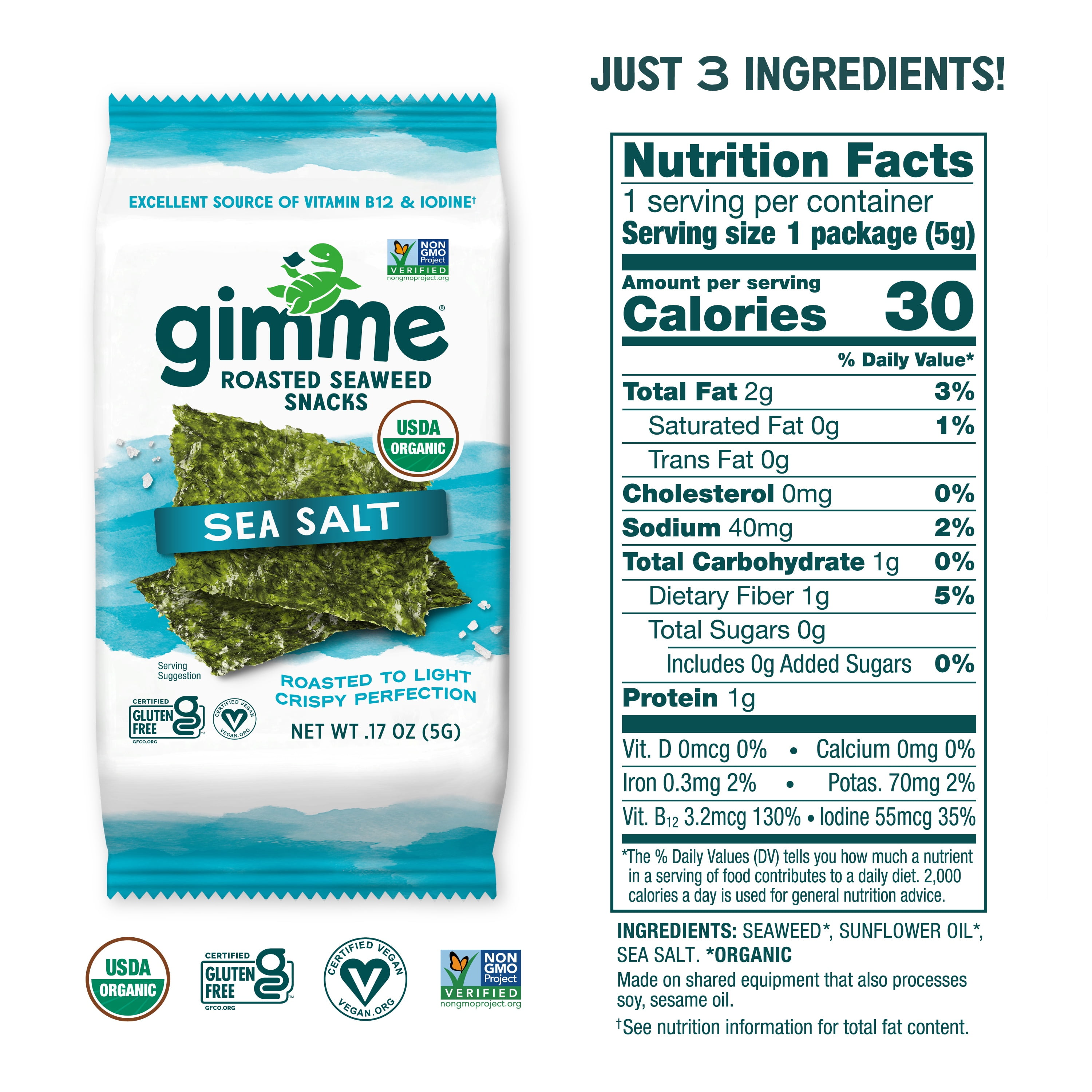 (6 pack) Gimme Organic Roasted Seaweed Snacks with Sea Salt, 4 Pack, 5g, Crispy Texture, Eco-Friendly Packaging
