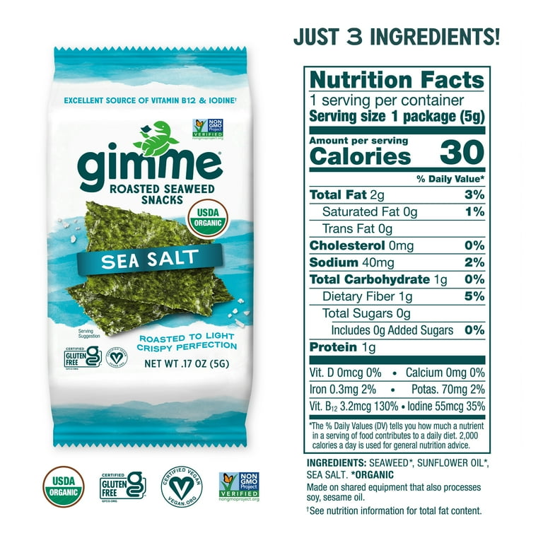 Gimme Seaweed Premium Organic Roasted Seaweed Snacks, Sea Salt - 0.17oz (4 Pack)