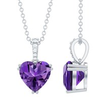 Rosec Jewels Heart Shape Amethyst Solitaire Pendant with Diamond for Women (6 mm), 10K White Gold