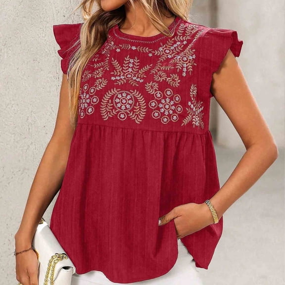 Haivin Women's Boho Eyelet Embroidered Blouse Short Sleeve Button Down Shirt Ruffle Babydoll Top