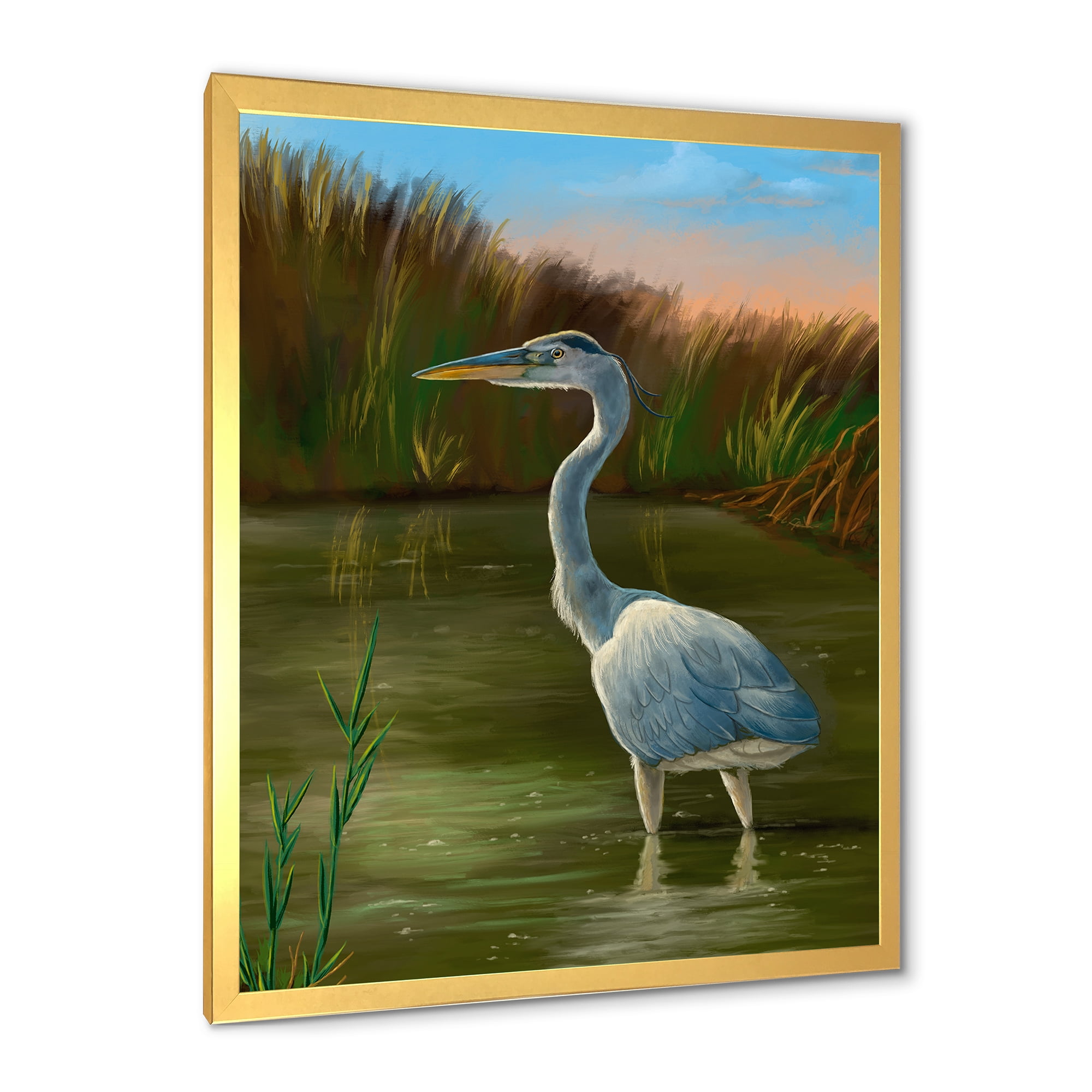 Designart 'Blue Heron Wetland Bird on The Lake Shore' Traditional Framed Art Print
