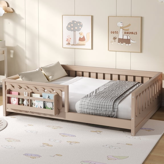 Mirightone Wood Full Size Floor Bed with Rails and Slats, Montessori Bed with Storage Shelves, Low Floor Bed Frame Full Size - Natural