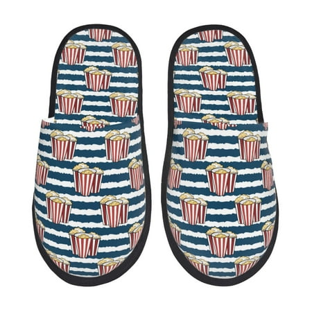 Balery Popcorn On Blue Lines Slient Indoor Furry Fleece Comfort House Shoes Soft Non-Slip Home Shoes Cotton slippers House Slippers-- Medium