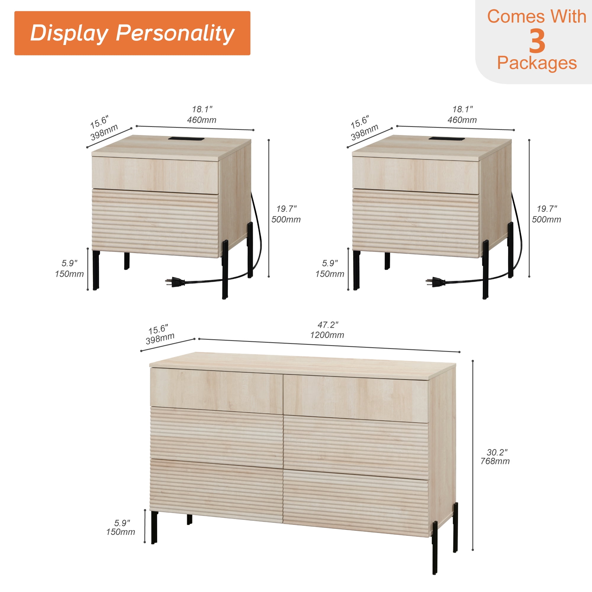 3 Pcs Bedroom Set, 6 Drawer Dresser And Nightstand Set with Minimalist Reeded Design, Oak Double Dresser With Hidden Handles