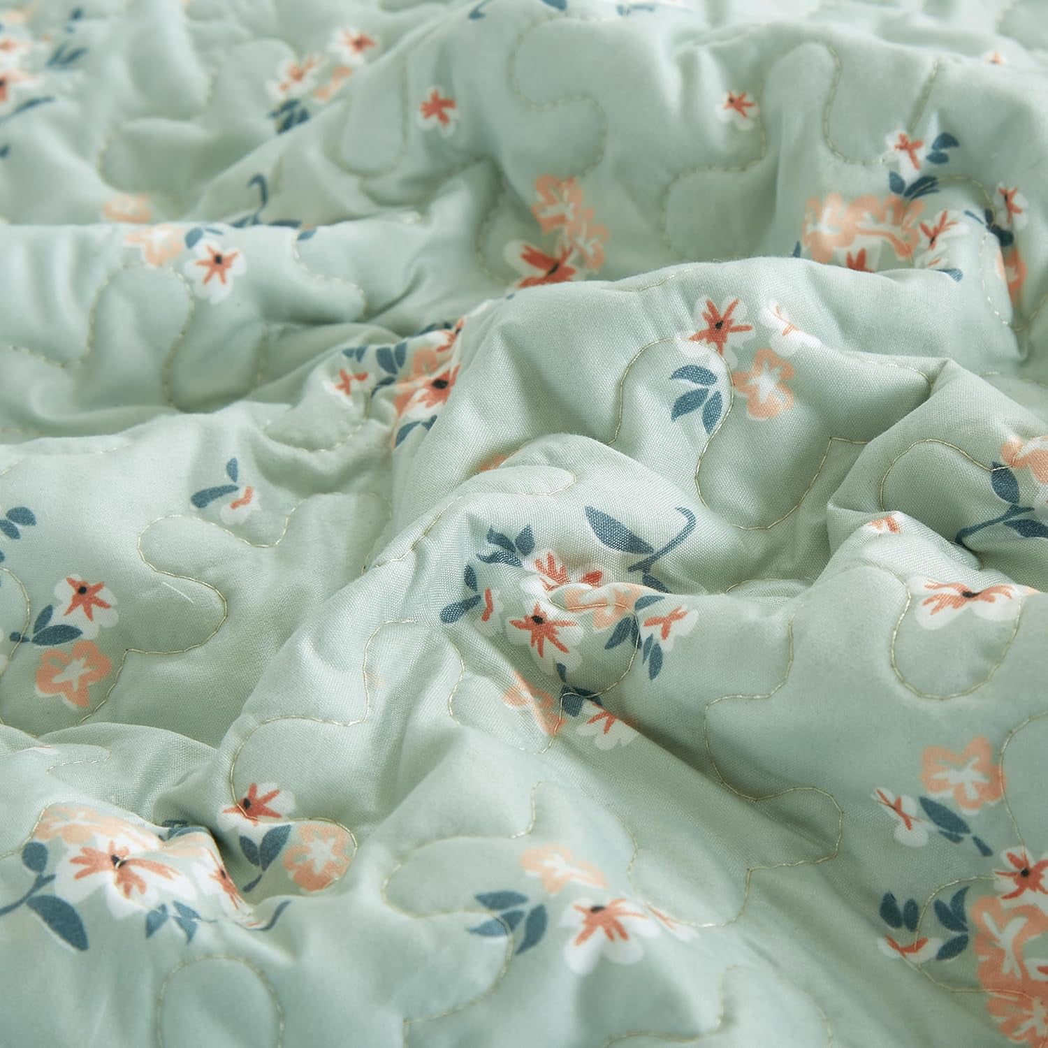Chezmoi Collection Thistle 2-Piece Tranquil Floral Quilt Set Twin, Soft Green White Floral Printed Microfiber Lightweight Bedspread Set for All season