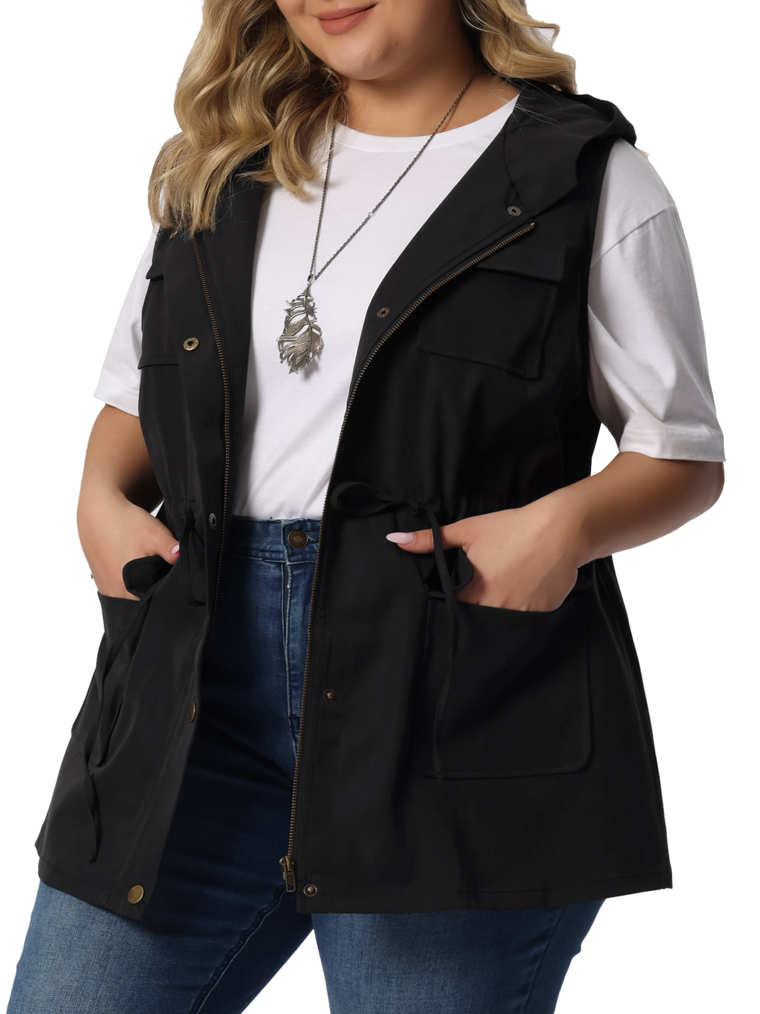 Unique Bargains Women's Plus Size Vest Sleeveless Anorak Cargo Drawstring Jacket