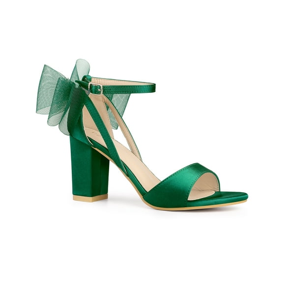 BLISSFUL STEP Women's Mesh Bow Heels Ankle Strap Open Toe Block Heel Sandals Green 8.5