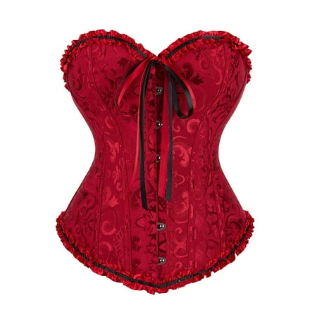 CHCNHAC Renaissance Corset for Women Satin Boned Lace Corset Lingerie Sexy Floral Pleated Trim Tummy Control Shapewear Plus Size Halloween Costume Wine L