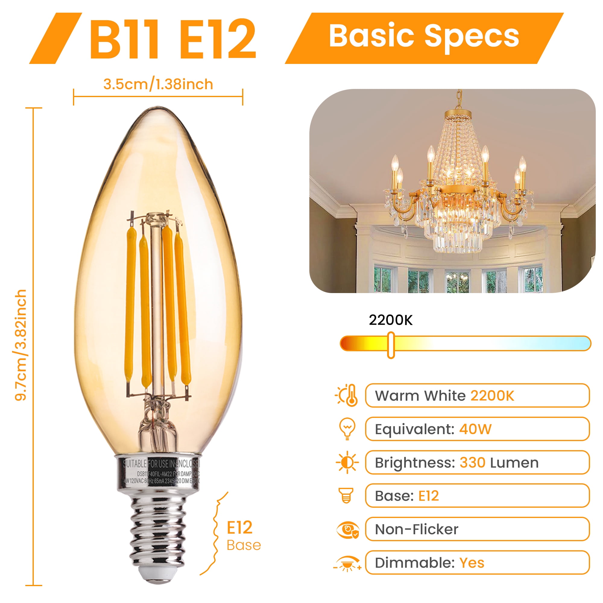 LUZIXIBO LED Light Bulb, 4 Watts (40W Equivalent) B10 Candelabra Bulbs, Dimmable, 2200K Warm White, 330LM, E12 Base, 12 Pack