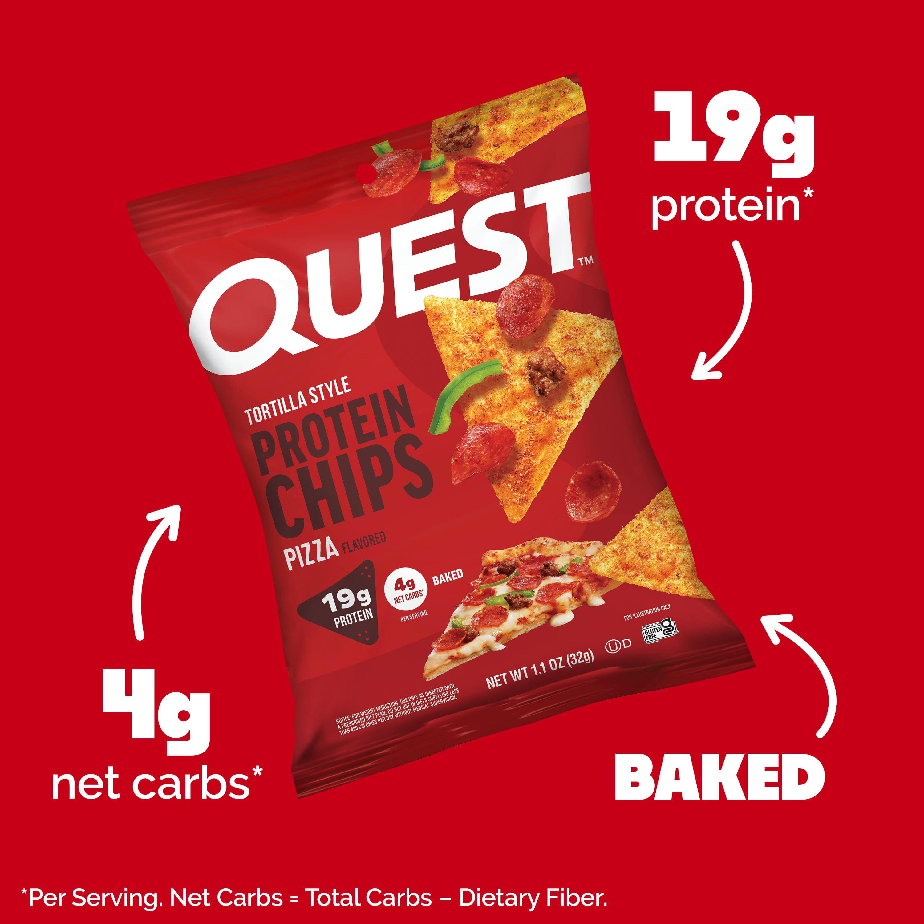 (8 pack) Quest Tortilla Style Protein Chips, 19g Protein, Baked, Pizza Flavor, 1.1oz Bags, 4 Count