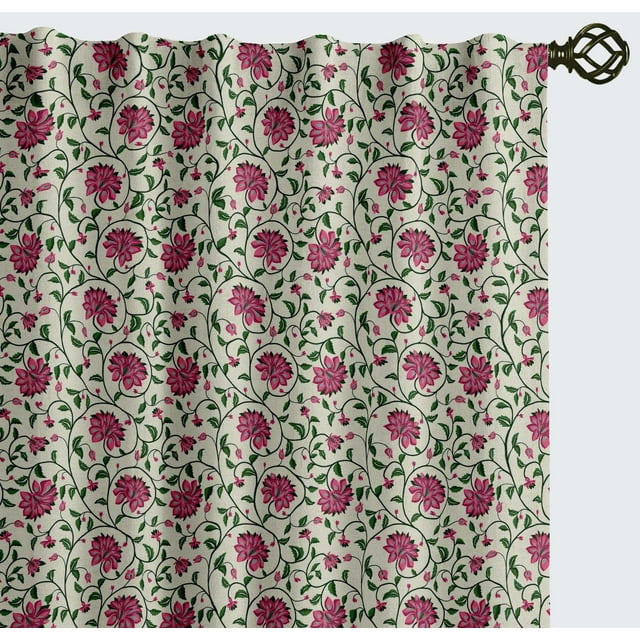 Vargottam Cotton Curtains for Windows - 3-in-1 Rod Pocket/Back Tab Short Window Drapes - Light Filtering Cotton Panels - Set of 2, 52"x63" - Floral Vine Print (Pink)