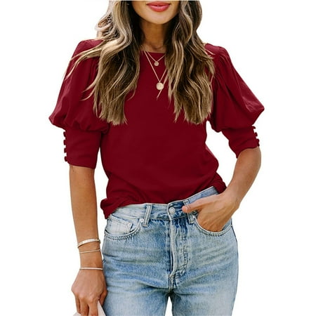 

SHUDAGENG Womens Tops Round Neckline Solid Short Sleeve Chemise Red S