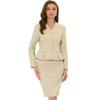 DARING DIVA Women's Collarless Peplum Blazer Sheath Skirts 2 Pcs Suit Set XL Beige