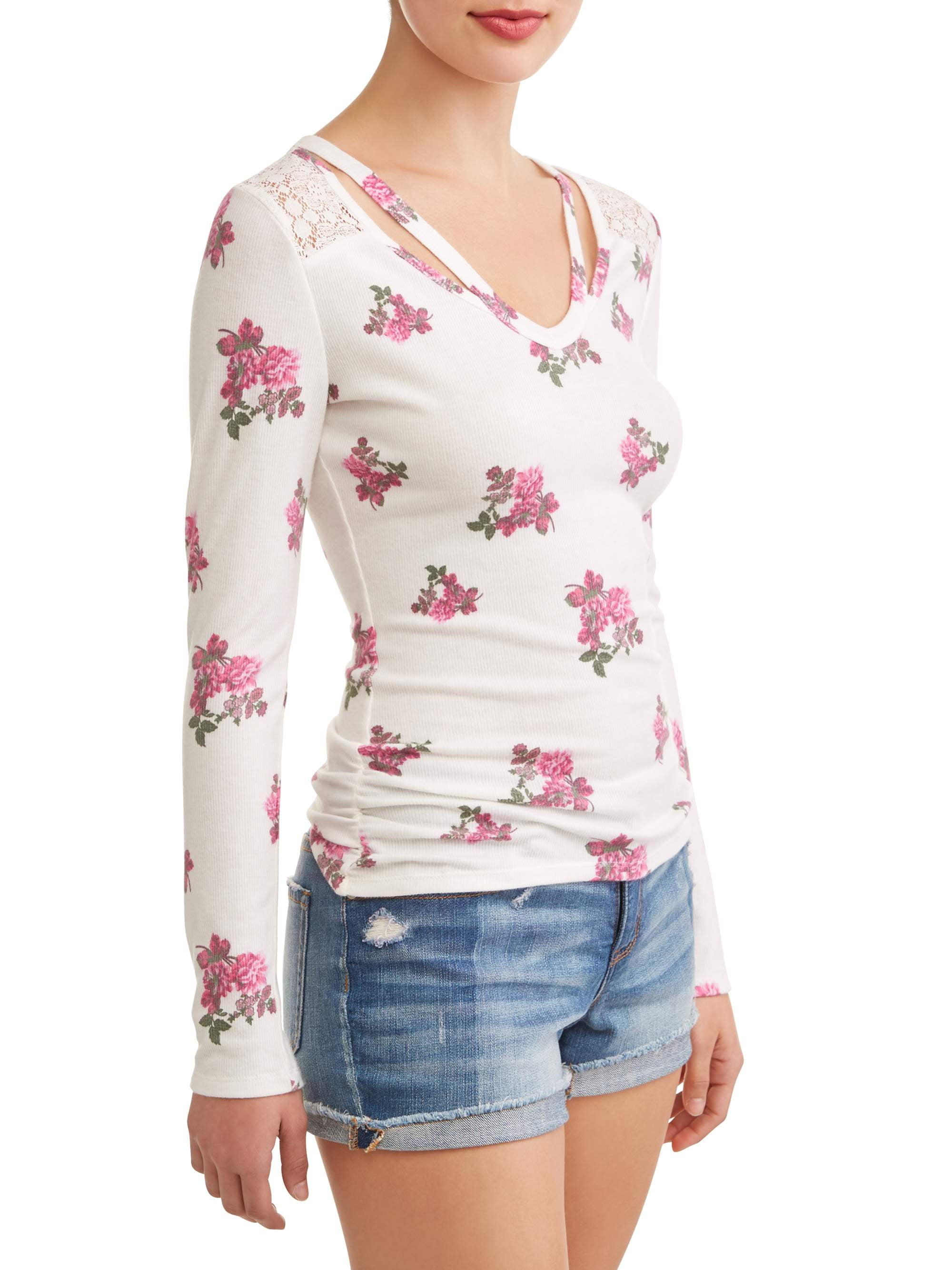 No Boundaries Juniors' floral printed lace yoke caged long sleeve t