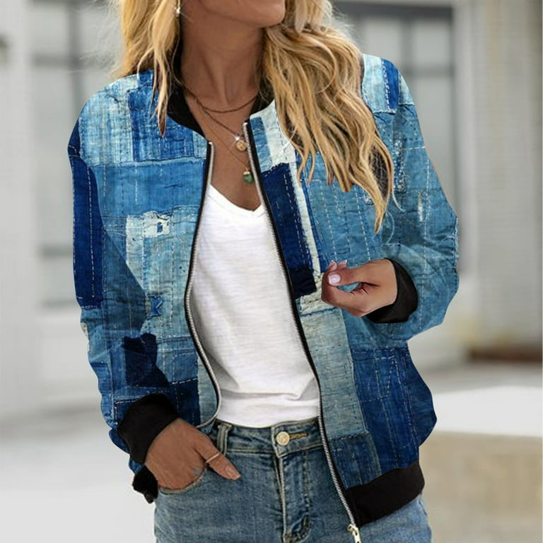 Feancey Denim Bomber Jacket Women,Womens Stand Collar zip Up