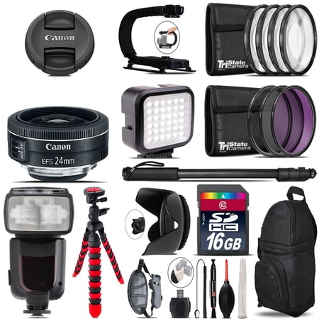 Canon EF-S 24mm f/2.8 STM Lens - Video Kit + Pro Flash - 16GB Accessory Bundle
