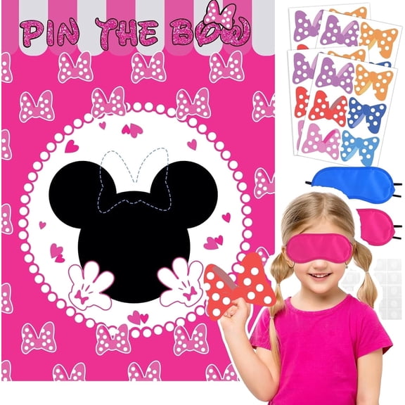 29Pcs Mickey Minnie Anime Cartoon Birthday Party Decoration & Game Kit – Blindfold Pin the Sticker Game with 24 Reusable Stickers, Party Favors, and Decorations