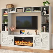 ChVans 103" Farmhouse TV Stand with 40" Electric Fireplace & Bookshelves, Large Entertainment Center Wall Unit with Storage Cabinets, Rustic Wood Media Console for Living Room, White