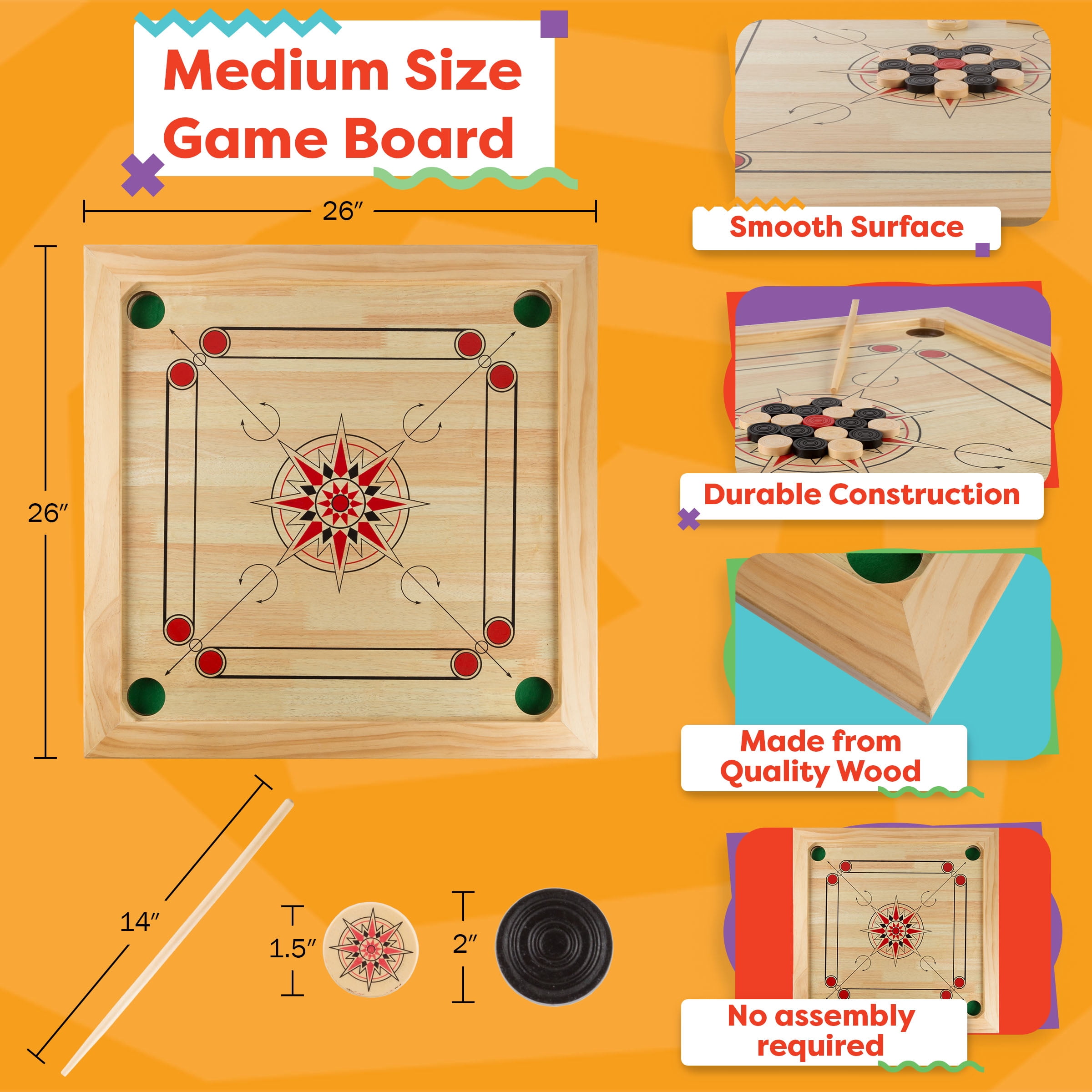 Rockin’ Rollers Carrom Board Game with Coins and Strikers, Wooden Board Game Set for Adults and Kids - 26" Square