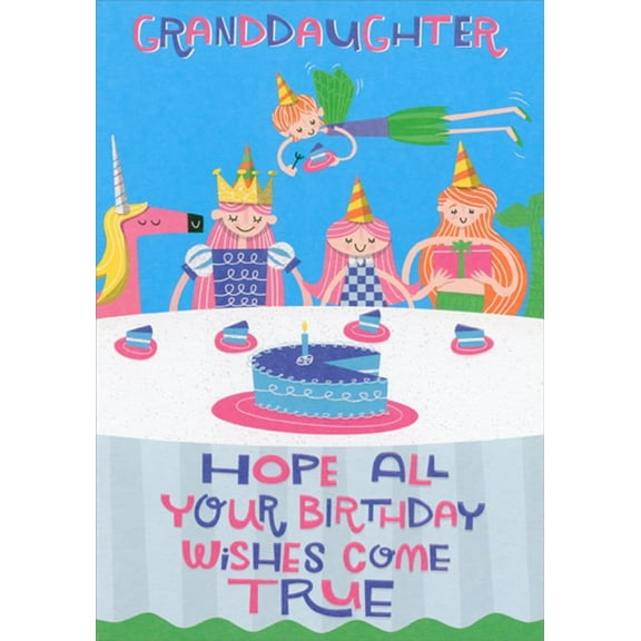 Designer Greetings Unicorn, Princess and Mermaid at Table Juvenile Birthday Card with Stickers for Granddaughter