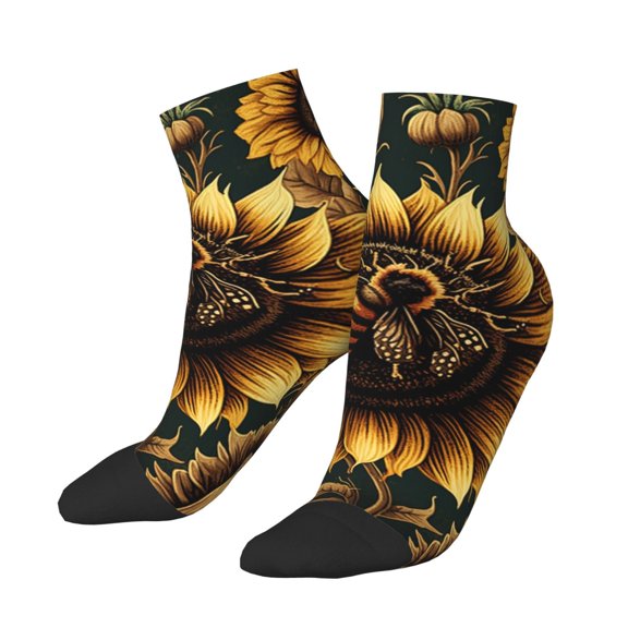 Low Cut Unisex Novelty Crew Socks Casual Ankle Socks for Men Women, Bee Sunflower Vintage Art