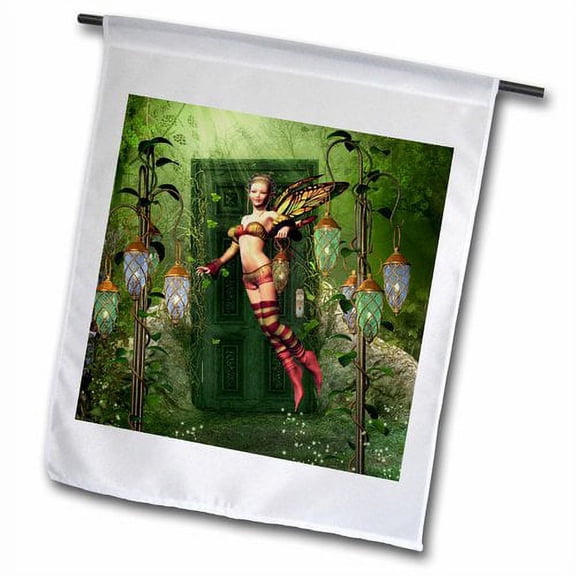 3dRose, Fairy flies into the fairyland it is behind a door in the forest, 18 x 27 inch Garden Flag