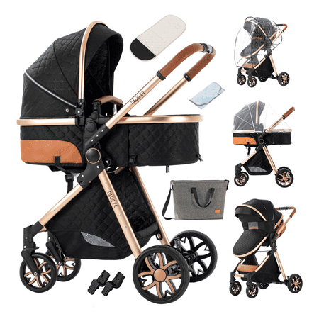 Baby Stroller 3-in-1 Travel Systems,Lightweight,Suitable for Newborns and Toddlers,Black Gold