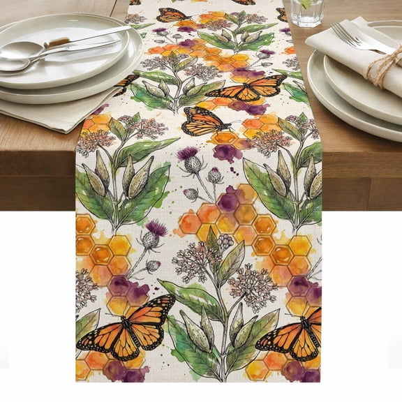 Autumn Monarch Butterflies Table Runner Wildflowers Botanical Foliage Tablerunners 13 x 60 Inch, Table Decorations Tabletop Scarf for Summer Gathering Holiday Farmhouse Kitchen Dining Decor