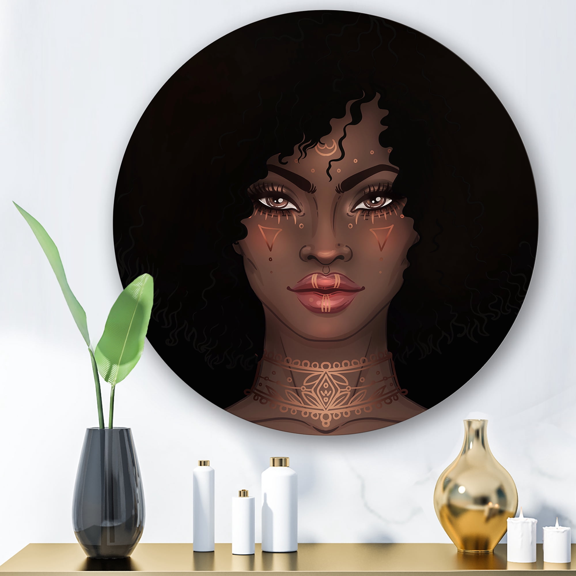Designart 'Portrait of Afro American Woman II' Modern Circle Metal Wall Art 11x11 - Disc of 11