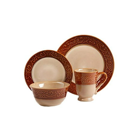 Better Homes and Gardens 61667.16r Embossed Scroll 16-Piece Dinnerware Set, Brown