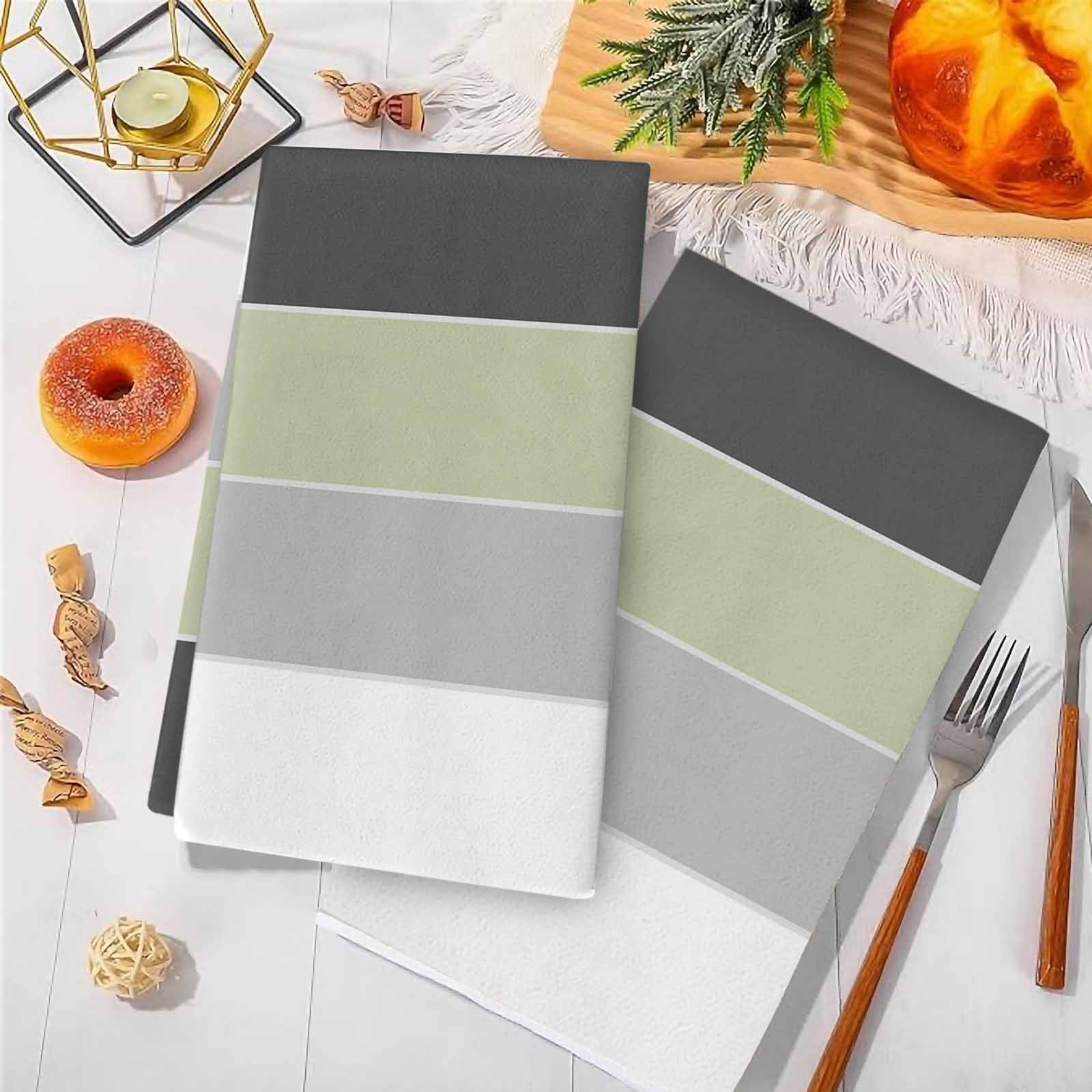Grey Green Striped Kitchen Towels Set of 2, Farmhouse Modern Soft Microfiber Dish Towels, Absorbent Quick-Dry Washable Dishcloths for Kitchen Cleaning, Drying Dishes, 18x28 Inches