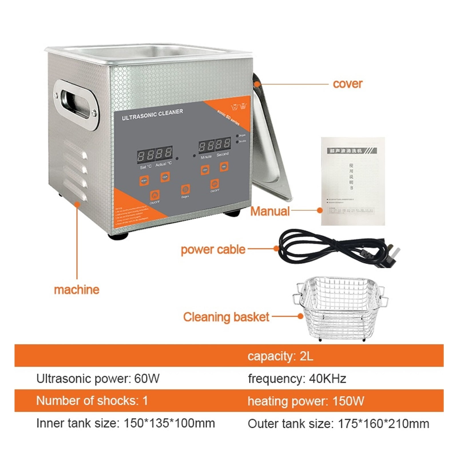 Portable Ultrasonic Cleaner 2L 60W Heater For Jewelry Glasses Dental Nozzle Toothbrush Injector Printer Cartridges ,Strong Cleaning