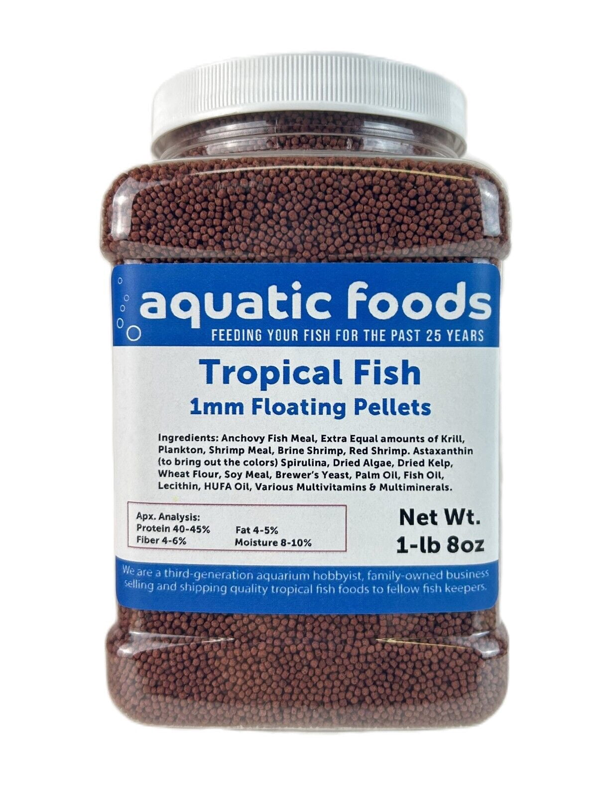 1mm - 1/32" Floating 40% Protein Pellets for Discus, Cichlids, Bettas, Guppies, Tetras, Baby Koi, Small Tropical and Pond Fish - WL 1-lb 8oz Med Jar