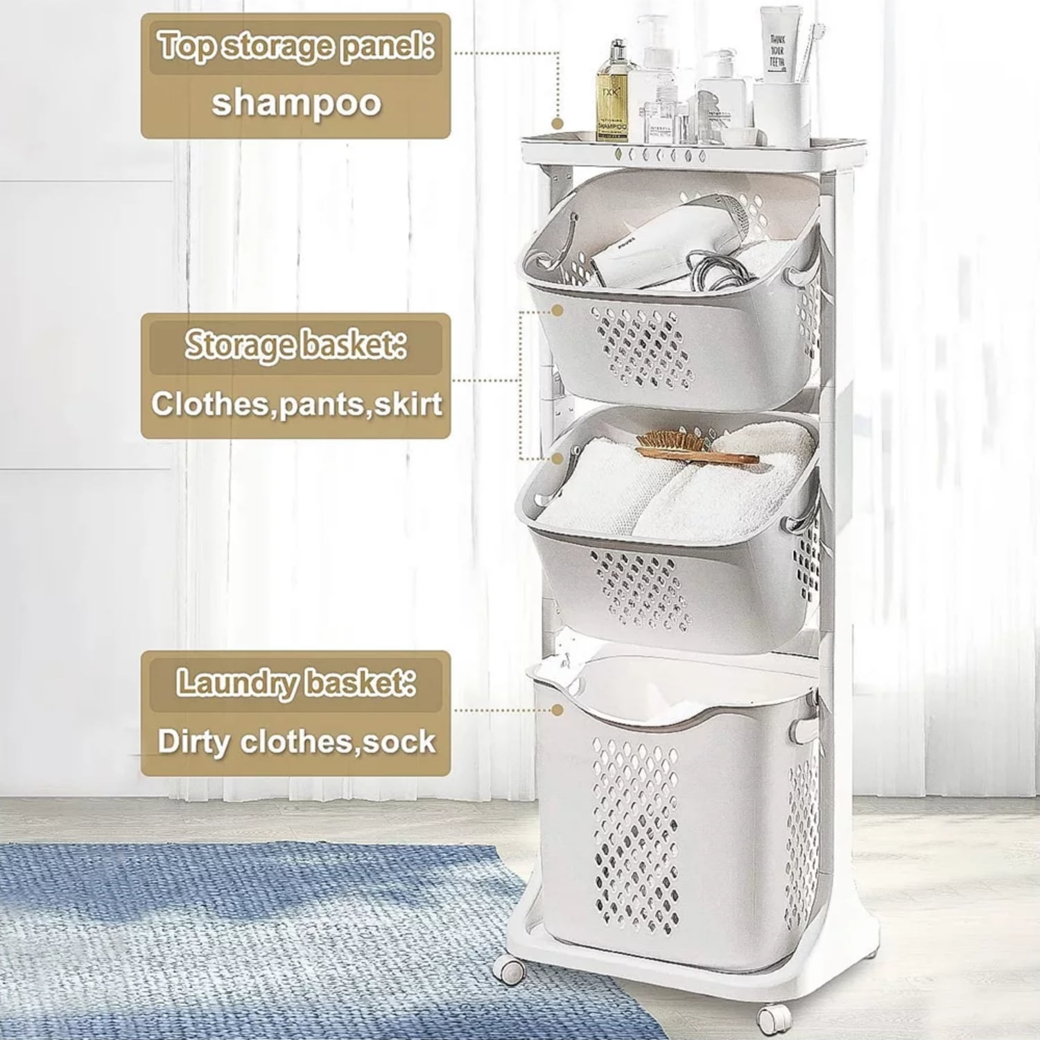 3-Tier Laundry Basket Rolling Laundry Hamper Cart, Clothes Storage Basket w/Wheels, Dirty Clothes Cart Basket Portable Handle for Bathroom Bedroom Dirty Clothes