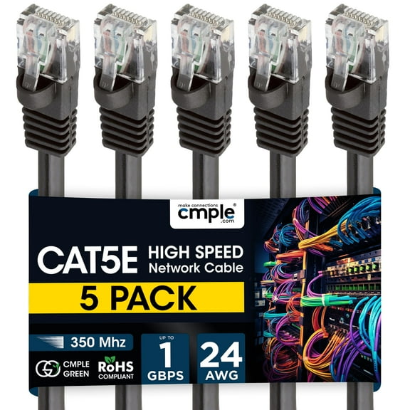 Cmple - 5 Pack Cat5e Ethernet Cable 10 ft, Router Patch Cord, Fast Internet Cat5 Cables, RJ45 Connectors, Computer LAN Network Wire - Black