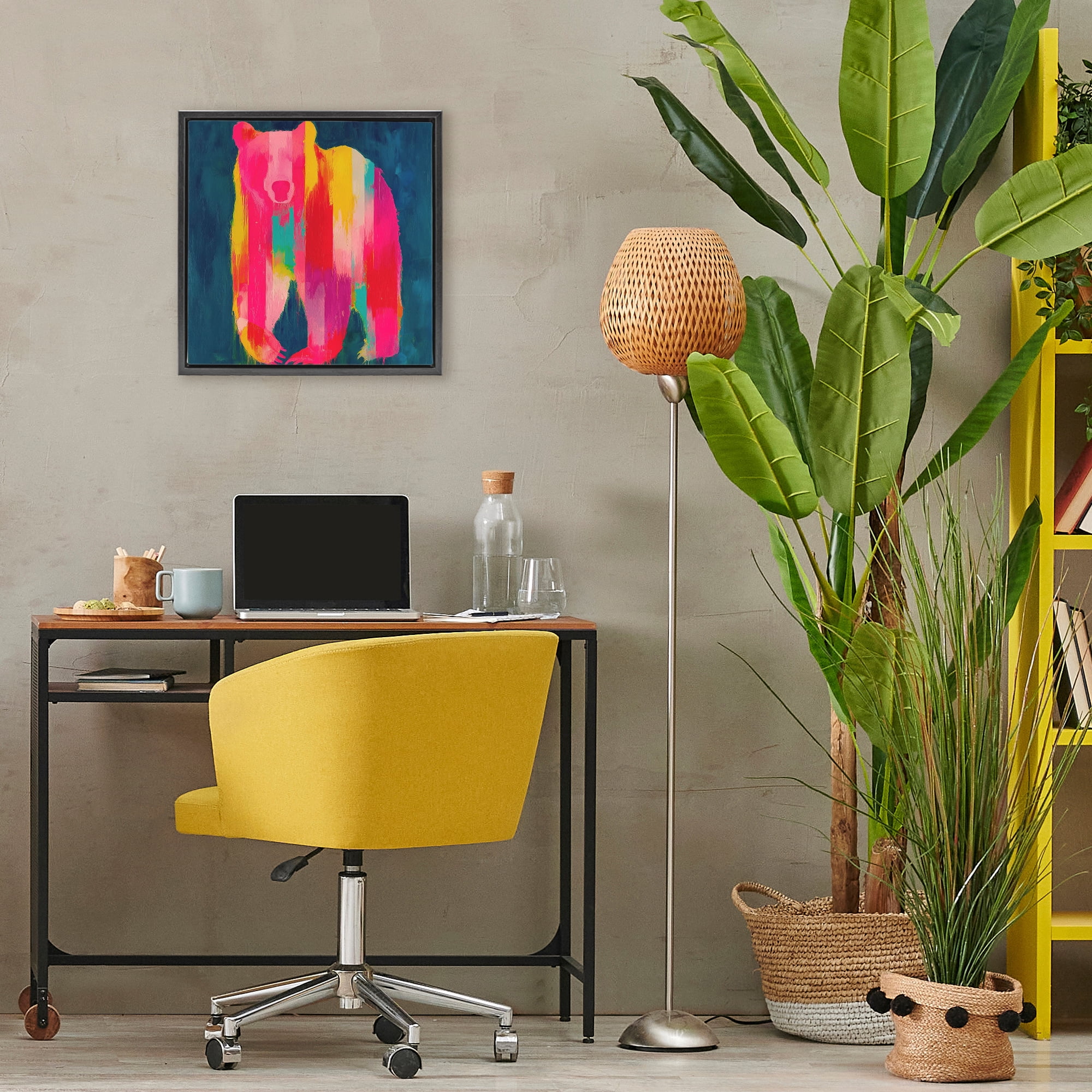 Stupell Industries Pink & Yellow Bear Standing Tall Black Framed Floater Canvas Wall Art, design by Chromatic Storm Studio