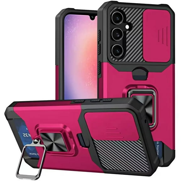 For Samsung Galaxy A26 Wallet Case with Ring Stand & Slide Camera Cover Back Credit Card Slot Holder, Military Grade Cover, XPM Phone Case [Hot Pink]